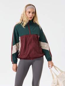 Women's College Style Colorblock Sports Jacket, Fashionable Stand Collar, Suitable For Sports, Fitness, Cycling, Hiking, Commuting, Versatile Styling - Multicolor - View 5