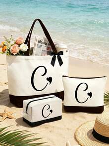 Bolso Tote Grande para Mujer con Patrón de Inicial - Esencial de Verano. Cinta, Bolso de Playa de Gran Capacidad, Bolso Multifuncional, Bolso de Hombro Portátil de Moda, Bolso de Aseo para Viajes, Bolso de Maquillaje, Bolso de Almacenamiento de Trajes de Baño, Adecuado para Oficina, Playa, Vacaciones, Compras, Fiesta, Recuerdo de Graduación, Adecuado para Recuerdo de Viaje, Regalo del Día del Maestro, Regalo de Regreso a la Escuela, Regalo de Fiesta, Regalo de Vacaciones - Multicolor - Ver 5