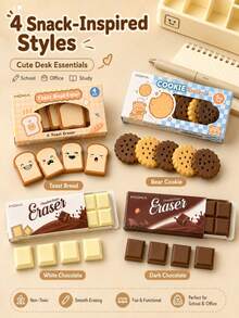 4pcs Cute Snack Shaped Erasers, Chocolate Cookie Toast Cartoon Pencil Erasers, Fun Food Style Stationery, Suitable For School, Office, Planner, Classroom Rewards And Back To School Gifts - Cute Snacks - View 3
