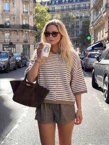 Vivid Style Summer/Autumn Basic Brown Striped Button-Up Cardigan, Old Money Style Short Five-Sleeve Knit Top, Back To School Outfit Inspiration Fall - Khaki - View 3