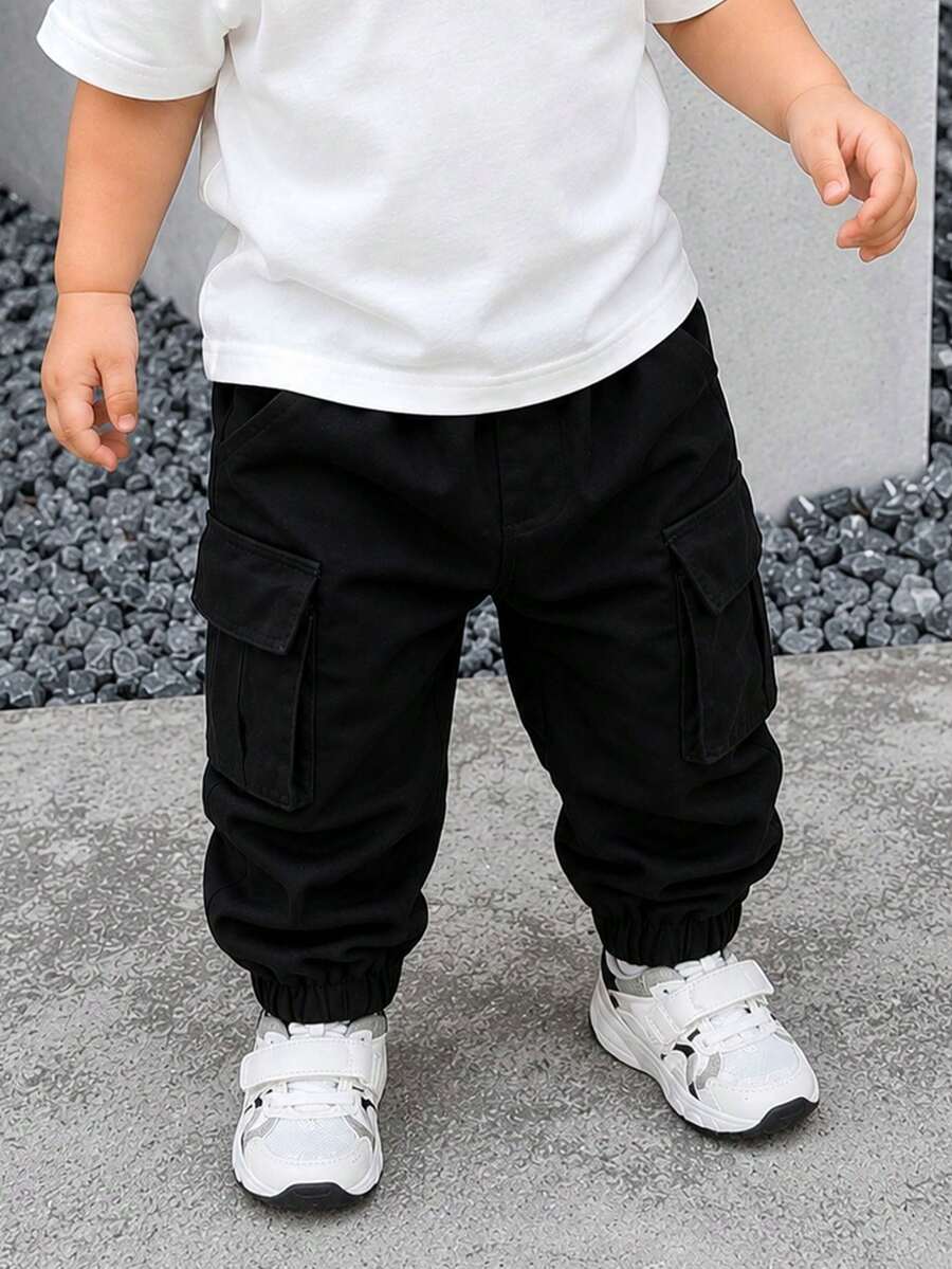 1pc Toddler Boys' Minimalist Outdoor Sports Drawstring Cargo Pants, Suitable For Spring & Autumn - Black - View 1