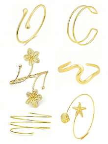 6pcs Minimalist Geometric Arm Cuffs, Simple Metal Line & Starfish & Flower Arm Bands, Suitable For Parties, Gifts, Daily Wear - 6pcAT001 - View 1