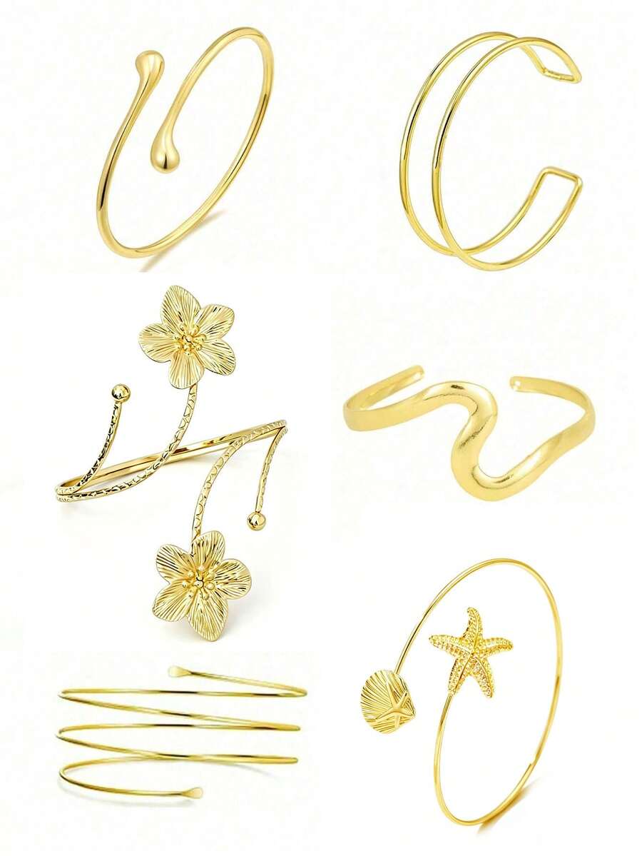 6pcs Minimalist Geometric Arm Cuffs, Simple Metal Line & Starfish & Flower Arm Bands, Suitable For Parties, Gifts, Daily Wear - 6pcAT001 - View 1