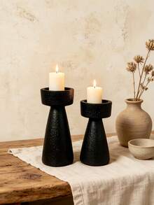 1pc Black Textured Pillar Candle Holders, Rustic Wabi Sabi Decorative Candlestick For Dining Table Fireplace Mantel Home Decor, Housewarming Gift - Black - View 2