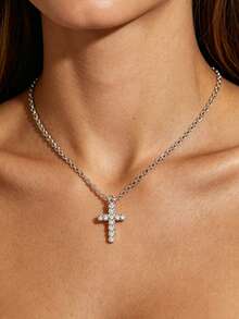 MECYLIFE 1pc Women's Zirconia Inlaid Cross Necklace, Simple Daily Wear Jewelry, Layerable Cross Pendant Necklace - cross - View 2