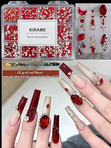 KIRAME 960顆紅色平底水鑽，高品質超亮美甲寶石套組，含1件點花工具，1-6mm亮面美甲水晶，適用DIY居家美甲、美甲沙龍、美甲用品、夏季與旅行美甲、節日禮物美甲飾品 - 紅色 - 查看 6