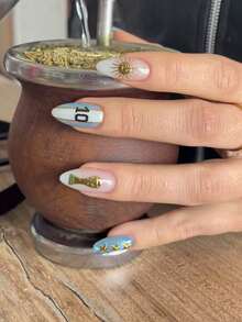 10 Pieces Of Handmade Press On Nails,Summer,World Cup Nails,Blue And Milky White Nails With Blue-White Vertical Stripe Design, Trophy,Number 10 Prints And Three Golden Star Metal Charms,Perfect For Game Watching,Daily Wear And Sports Party Occasions. - Dusty Blue - View 2