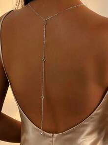 1pc Elegant Fashion Glass Rhinestone Chain Silver Back Necklace, Suitable For Women Girls Holiday Party, Vacation, Wedding, Party, Daily Wear Accessory - Silver - View 1