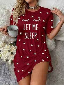 女款「Sleep」標語睫毛圖案睡衣－舒適短袖圓領 T-shirt 連身裙，附愛心裝飾，四季針織居家睡衣 - 酒紅色 - 查看 1