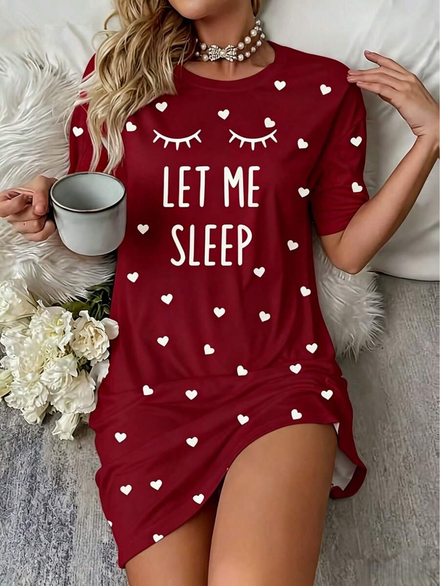 女款「Sleep」標語睫毛圖案睡衣-舒適短袖圓領 T-shirt 連身裙,附愛心裝飾,四季針織居家睡衣 - 酒紅色 - 查看 1