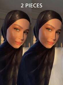 2pcs Women's Solid Color Island Silk Soft Headscarf Arabic Casual Long Scarf Conservative Solid Color Headwrap Suitable For Daily Use - Black 2-pack - View 3