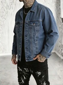 四季經典男士牛仔夾克 100%純棉復古水洗 - 深牛仔藍 - 查看 6