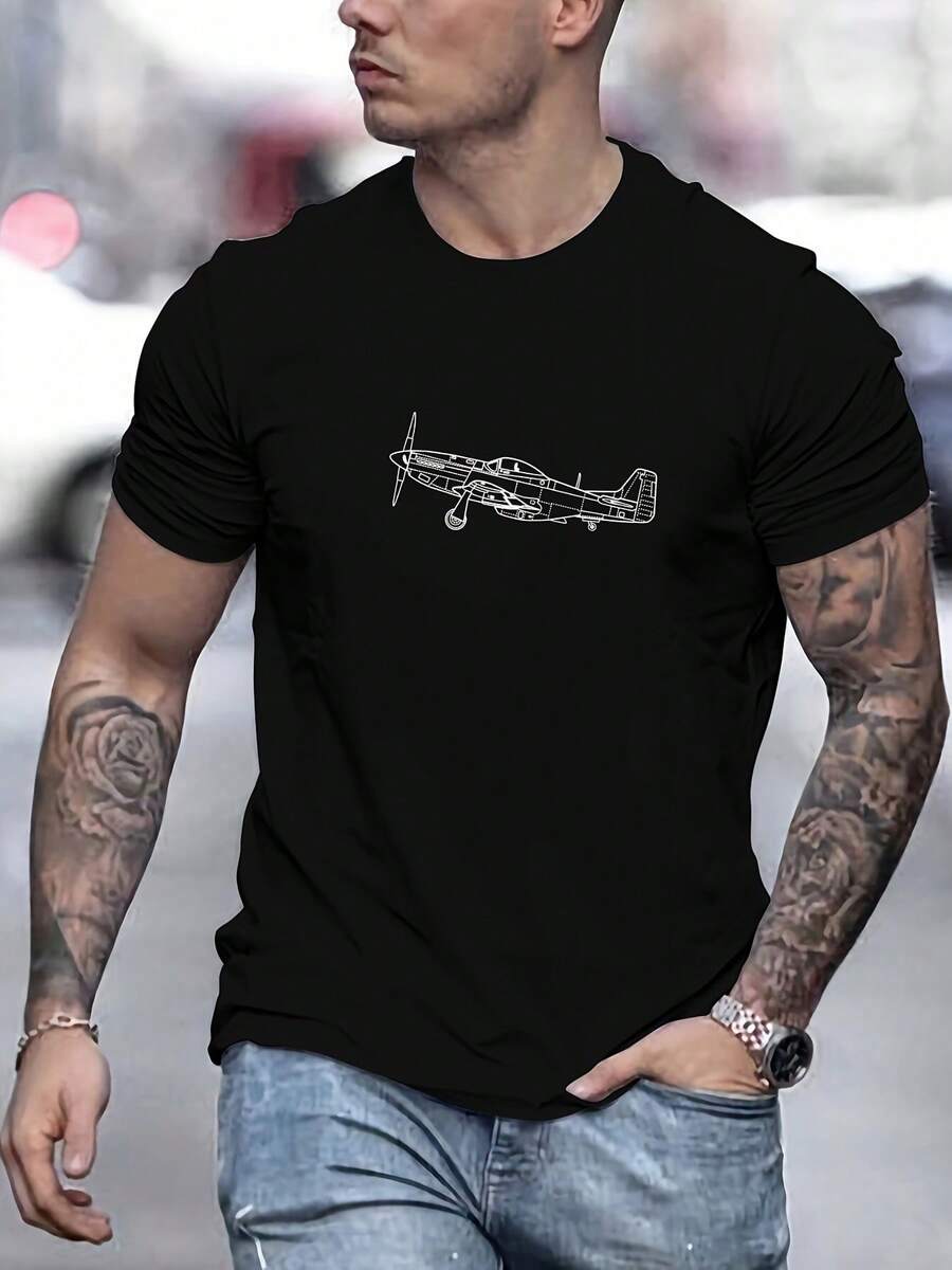 Camiseta de Algodón Transpirable para Hombre, Estampado de Aviación - Cuello Redondo Casual, Mangas Cortas, Tela Suave y Ligera, Adecuada para el Verano - Negro - Ver 1