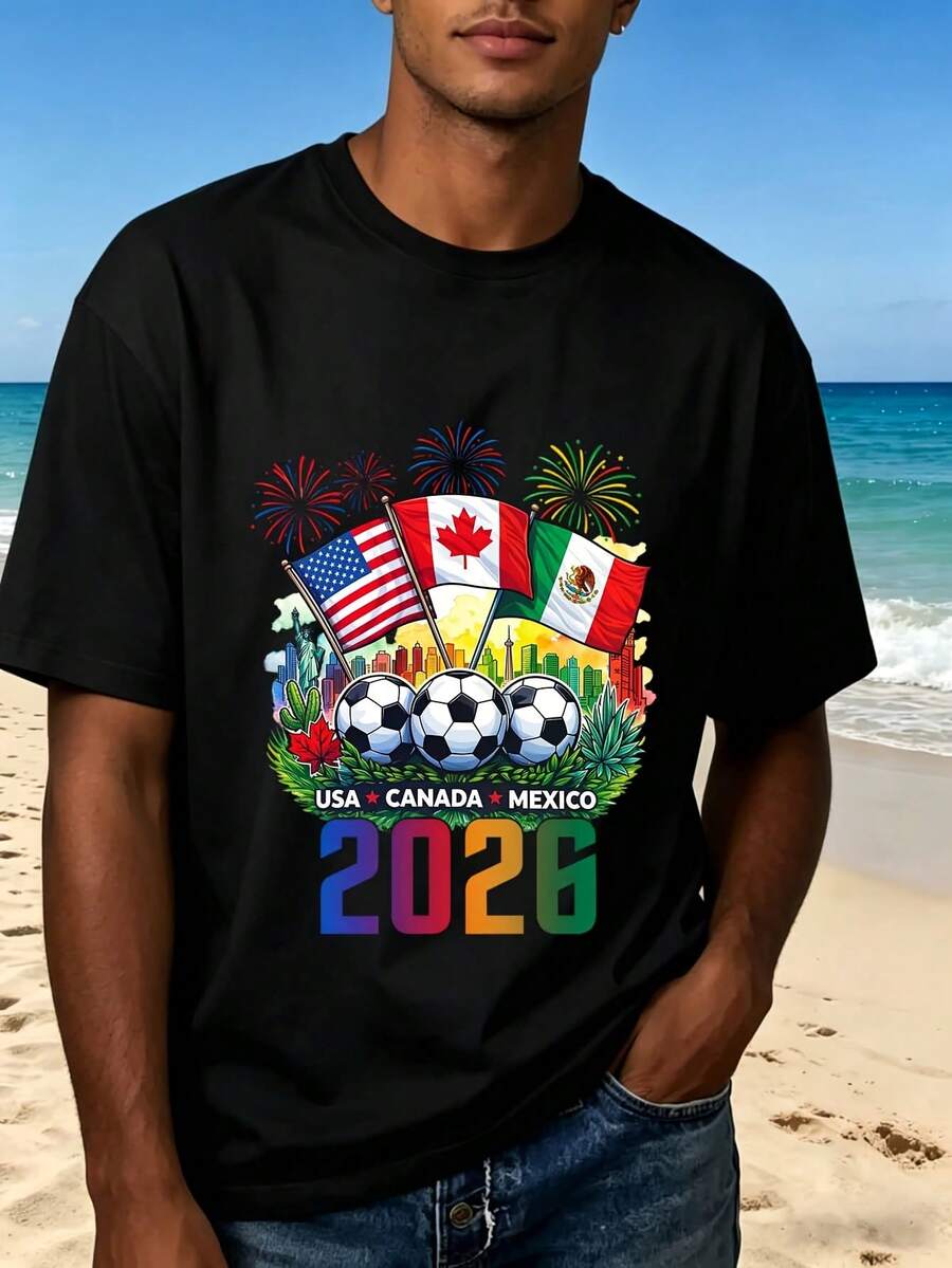 2026 Usa Canada Mexico World Cup Soccer T Shirt With Flags And Fireworks Design Fashion Sporty Casual Wear For Men And Women Perfect Gift For Football Fans Outdoor Events And Parties - 黑色 - 查看 1