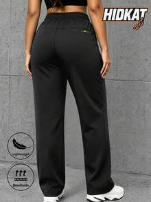 Hidkat Women's Spring Summer Autumn Minimalist Solid Color Casual Straight Leg Pants, Lightweight Breathable Fabric, Multiple Zipper Pockets, Drawstring Waist, Suitable For Outdoor, Casual, Sports, Running Wear - Black - View 2