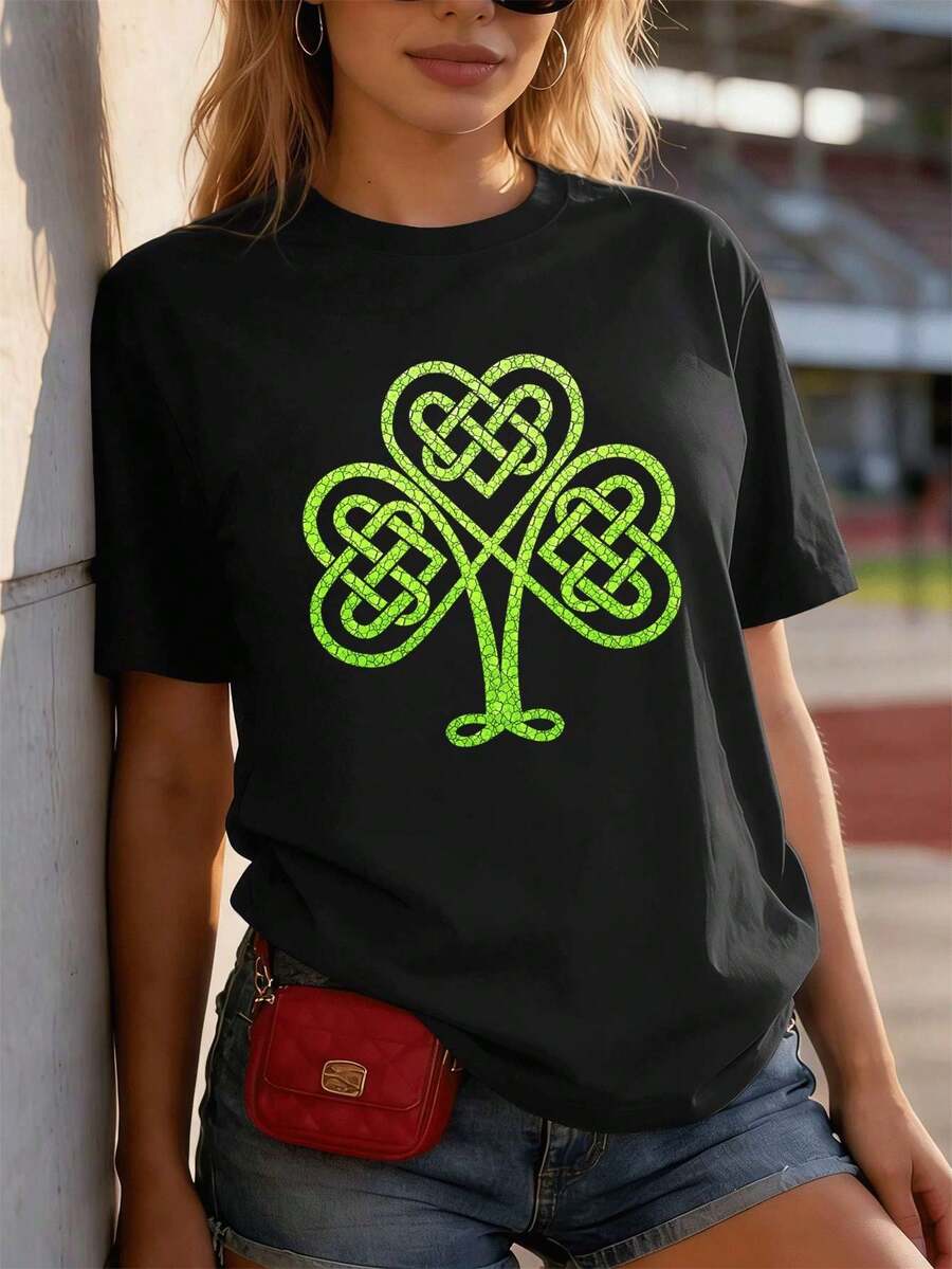 T-shirt femme avec motif Kleeblatt noir, Rundhalsausschnitt, lockere Passform, l?ssig, bequem, auff?lliger Print - Noir - Voir 1
