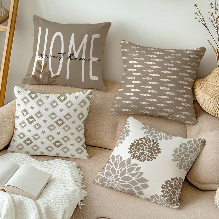 MEMNUN 4件組 白色與咖啡色幾何大麗花麥穗 Home Sweet Home 溫馨格言印花圖案抱枕套(不含枕芯)聚酯纖維材質單面印刷 17.7*17.7in(45*45cm)/19.69*19.69in(50*50cm)/15.75*15.75in(40*40cm) 靠墊套 枕套 沙發抱枕套 適用於居家裝飾 客廳沙發 四季通用禮品 - 彩色 - 查看 1