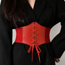1pc Women's Red Fashion Versatile Lace-Up Elastic Waist Belt, Minimalist Style, Suitable For Daily Commute, Dinner, Party And Other Occasions - Red - View 4