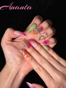 10 pièces Autocollants pour ongles en forme d'amande, faits à la main, de qualité premium, sculptés à la main, ornés de strass, manucure française, manucure dégradée, peints à la main, lignes asymétriques dessinées à la main, colorés, ongles acryliques, faux ongles à coller, convient pour les fêtes, les mariages, le port quotidien, livré avec un kit d'outils, convient aux filles et aux femmes - Multicolore - Voir 4