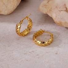 1pair French Vintage Stainless Steel Twist Hoop Earrings Textured Braided Wheat Ears Huggie Hoops Tarnish Free Waterproof Gold Jewelry Gift For Her - Gold - View 11