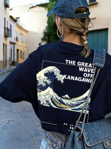 Camiseta de manga corta de cuello redondo azul marino con estampado de ola y grulla japonesa, blusa versátil y elegante para mujer, nueva moda sencilla de verano - Azul marino - Ver 1