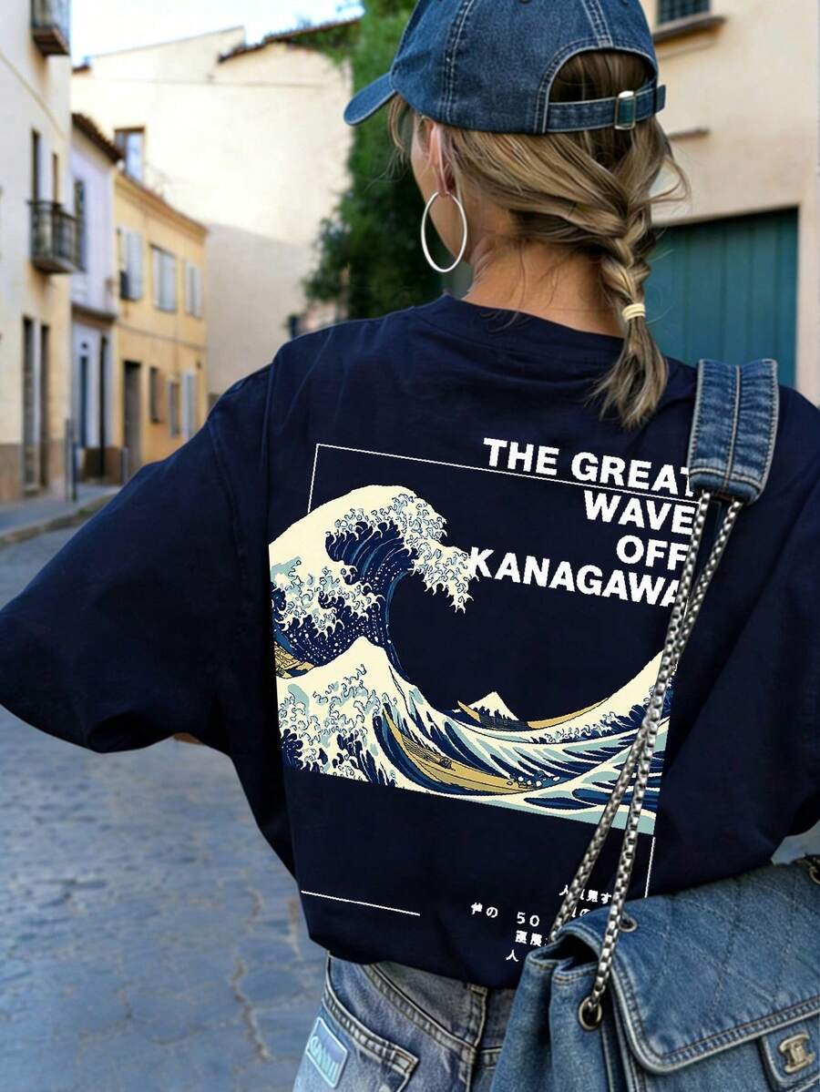 Camiseta de manga corta de cuello redondo azul marino con estampado de ola y grulla japonesa, blusa versátil y elegante para mujer, nueva moda sencilla de verano - Azul marino - Ver 1