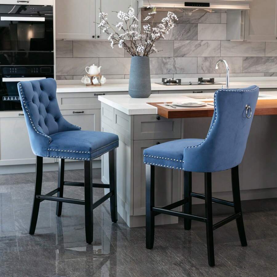 Set Of 2 Bar Stools With Velvet Upholstery / Medieval-Modern Style Bar Stools / Weight Capacity Up To 300 Lbs / High-Elasticity Foam / Suitable For Restaurants Or Kitchens - 藍色 - 查看 1