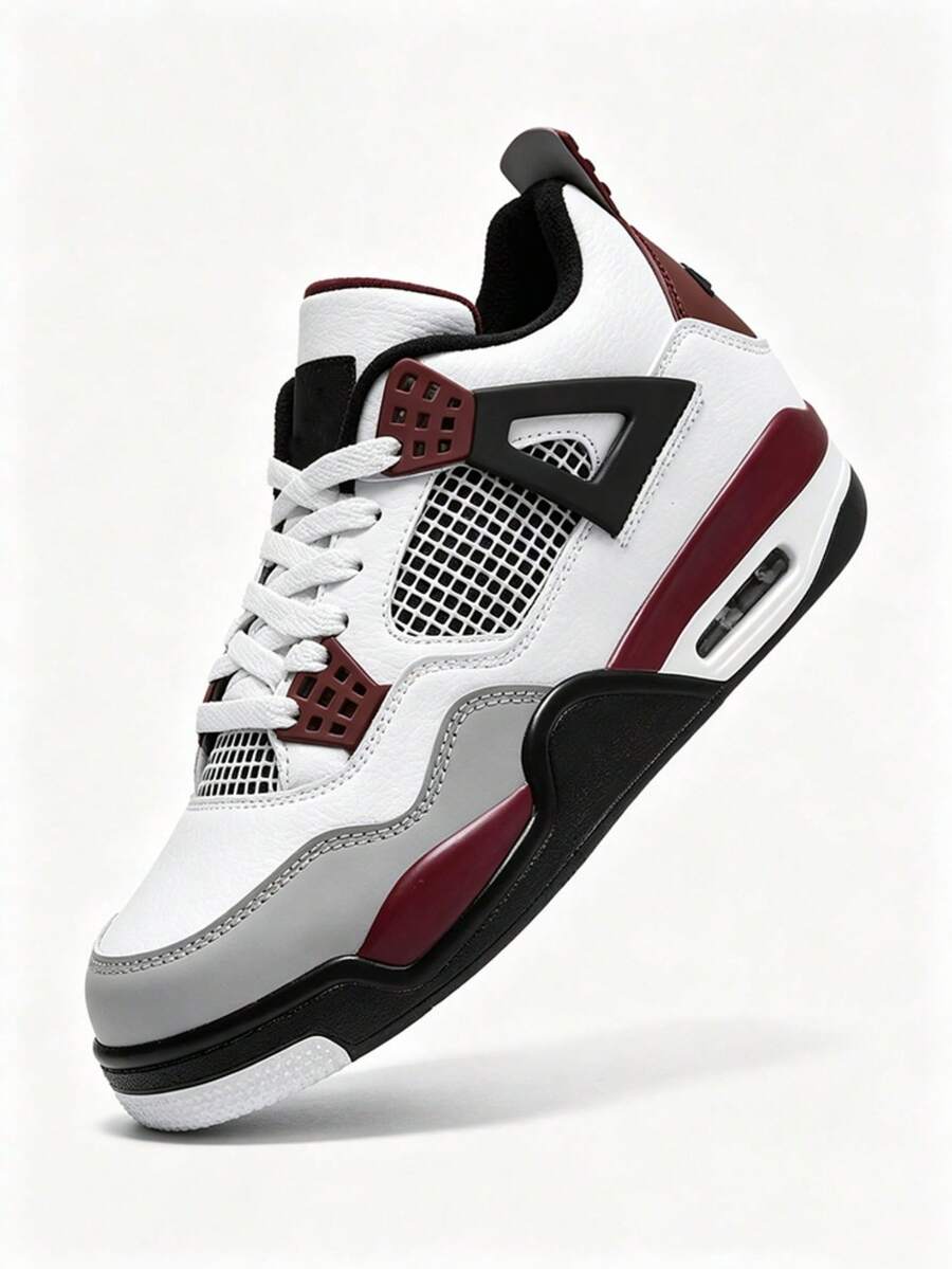 N S Men's White Burgundy Retro Basketball Sneakers Vintage Style Breathable Back To School Casual Athletic Shoes - 大巴黎 - 查看 1