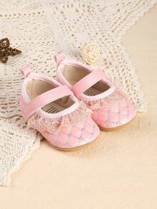 1 Pair Infant Girl Solid Color Lace Trim Flat Fashion Versatile Cute Princess Shoes, Suitable For Spring And Autumn - Pink - View 3