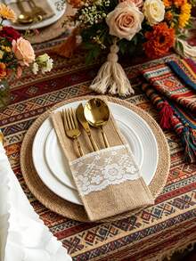 Linen Lace Cutlery Pouch, Rustic Coarse Linen Long Tableware Storage Sleeve For Birthday Party Christmas Table Decor - Multicolor - View 2