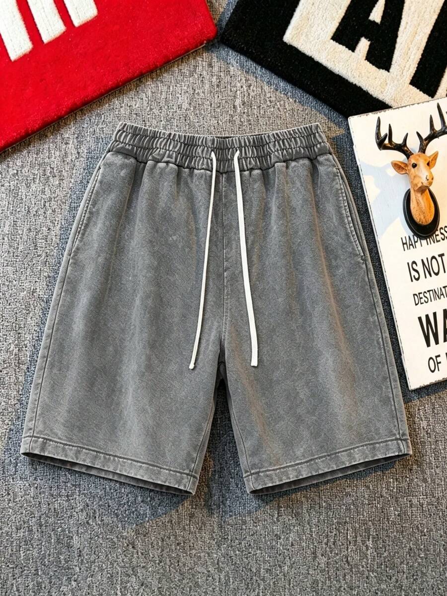 2026 Must-Have 260G Heavyweight Oversized Acid Wash Black Denim Shorts For Men, Comfy Baggy Fit With Elastic Waist & Adjustable Drawstring, Vintage Washed Summer Streetwear Shorts Ideal For Daily Casual, Skate Sessions And Weekend Hangouts - 灰色 - 查看 1