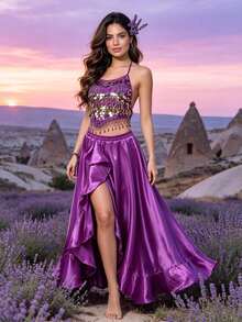 Professional Belly Dance Mesh Coin Halter Crop Top, Elastic Waist High Slit Flowy Satin Skirt For Dance Training, Shows And Competitions - Multicolor - View 11
