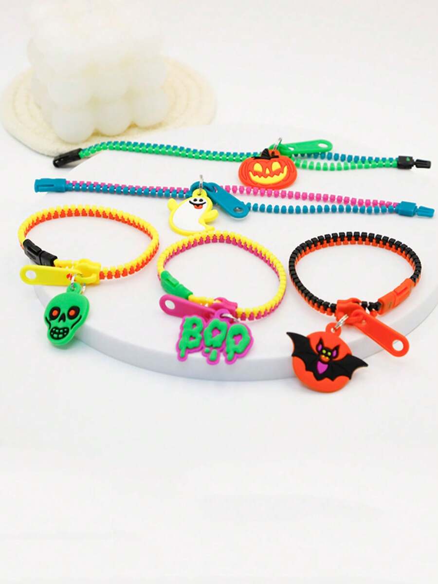 3pcs Halloween Decoration Bracelet Set, Pumpkin & Bat Dual-Color Cartoon #5 Zipper Bracelet, Suitable For Holiday Party Decoration And Halloween Party Decoration - Multicolor - View 1
