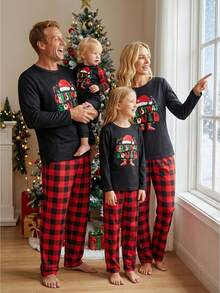Family Matching Christmas Pajamas, Hat  Letter Print Long-Sleeved Tops + Plaid Pattern Trousers Sleepwear Outfits - Black and Red - View 1