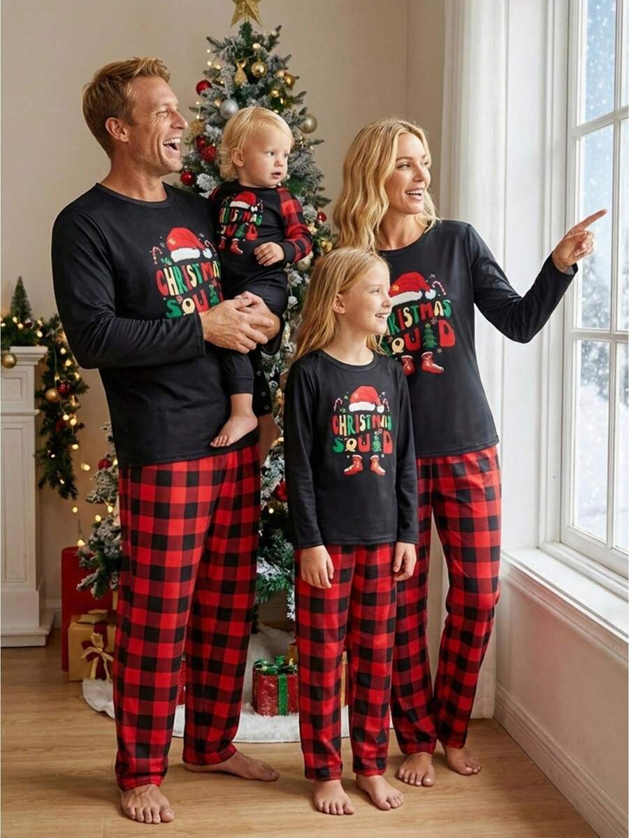 Family Matching Christmas Pajamas, Hat  Letter Print Long-Sleeved Tops + Plaid Pattern Trousers Sleepwear Outfits - Black and Red - View 1