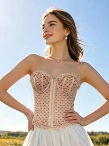RAHQ Sheer Polka Dot Mesh Cropped Top, Versatile Neutral All-Match Inner Layer, Suitable For Summer Daily Wear - Apricot - View 3