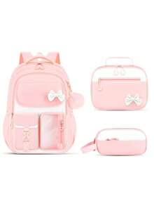 Set de 3 mochilas con bloques de color lindos, que incluye una mochila escolar con decoración de lazo adorable, cierre con cremallera, gran capacidad y múltiples bolsillos, ligera, adecuada para varias ocasiones como la escuela o viajes, regalo de regreso a clases - A - Ver 11