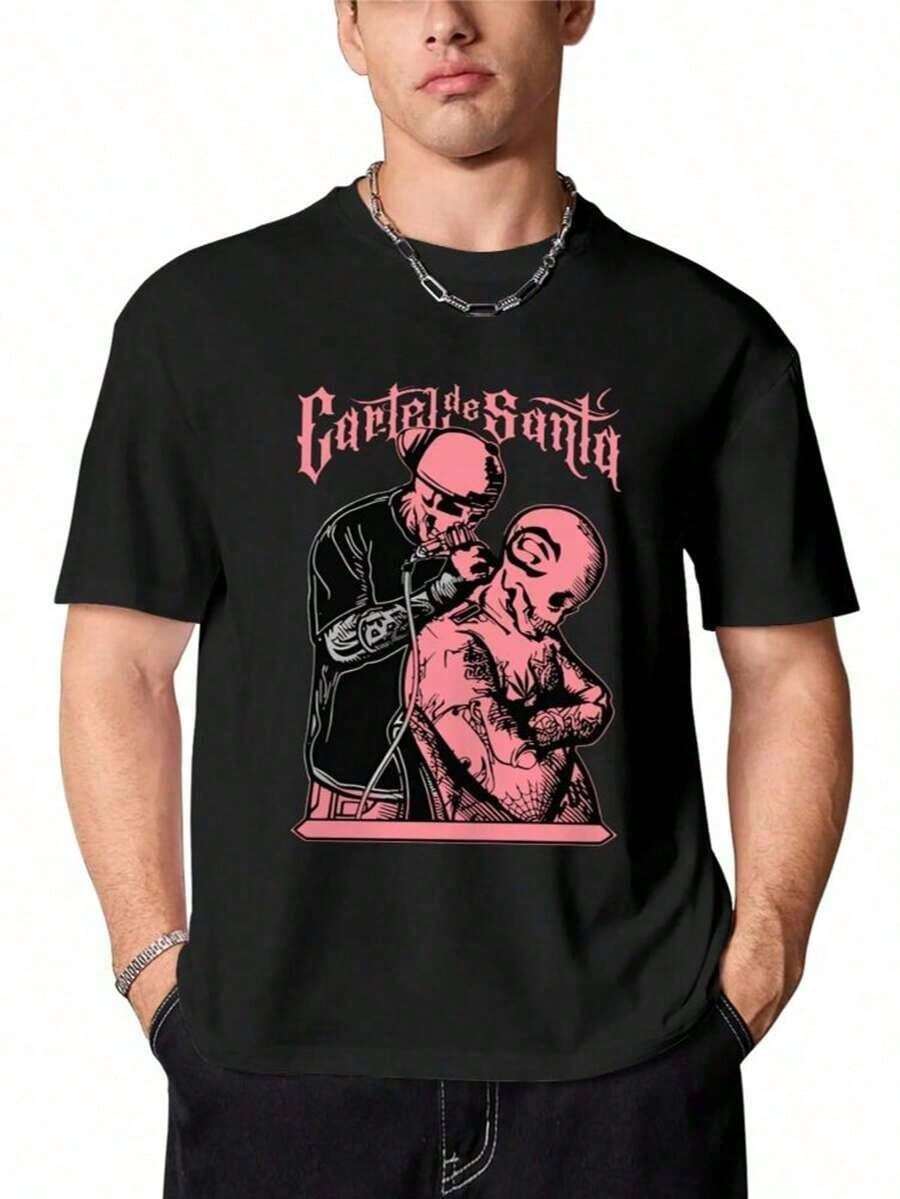 Skull Tattoo Artist, Classic Retro Hop Casual Fashion Y2K Skull Tattoo Popular Skull Letter Print Boutique 180g Cotton T-Shirt - 藍色 - 查看 1