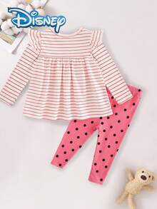 【官方迪士尼授權】Disney Minnie 2件組女嬰春夏/秋冬休閒長褲套裝，可愛卡通「米妮鼠」條紋印花寬下擺長袖上衣 + 鬆緊腰波點滿版印花直筒長褲，兒童日常居家戶外休閒娛樂親膚童裝，時尚青春活力俏皮可愛女童服飾，完美節日禮物 - 粉色 - 查看 2