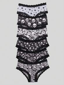 Dircho 6pcs Gothic Print Women's Panties - High Waist Elastic Lace Trim Panties, Skull, Rose And Star Patterns - Multicolor - View 10