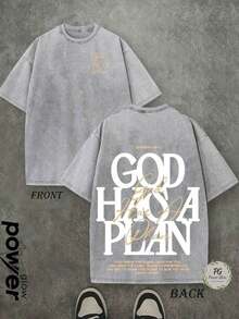 Jesus Graphic Print T-Shirt 'God Has A Plan', Double-Sided Print, Washed T-Shirt, Party Favors, Y2K Graphic Tees For Men, Vintage Washed Style T-Shirts - Grey - View 1