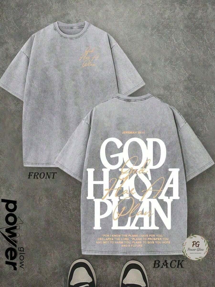 Jesus Graphic Print T-Shirt 'God Has A Plan', Double-Sided Print, Washed T-Shirt, Party Favors, Y2K Graphic Tees For Men, Vintage Washed Style T-Shirts - Grey - View 1