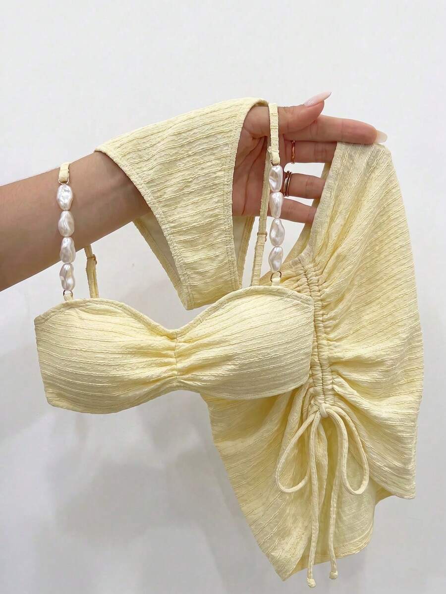 Bikinx Traje de baño de 3 piezas para mujer, de tela texturizada, sexy, de color liso, con cordones laterales y falda corta. - Amarillo - Ver 1