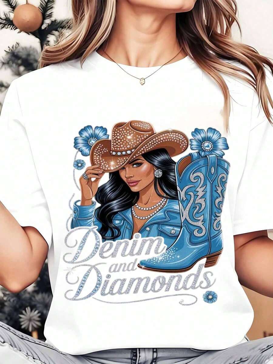 Women's Crew Neck T-Shirt With Western Cowgirl Print Featuring Hat And Cowboy Boots, In Denim And Diamond Mix, For Casual Wear At Christmas And Holidays, 250g. - 白色 - 查看 1