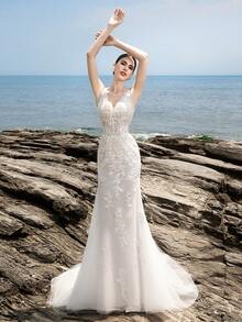 HEARBOBO Baroque Style Cute White Elastic Floral Lace Patchwork Wedding Dress With Train - White - View 4