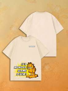SHEIN | Garfield Women's Beige Tee, Small Chest Logo Pixel Grumpy It's Monday Game Over Slogan Print Loose Short Sleeve - Apricot - View 7