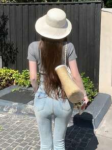 韓式水鑽珠飾設計針織上衣 女款夏季修身顯瘦短袖襯衫 - 灰色 - 查看 7