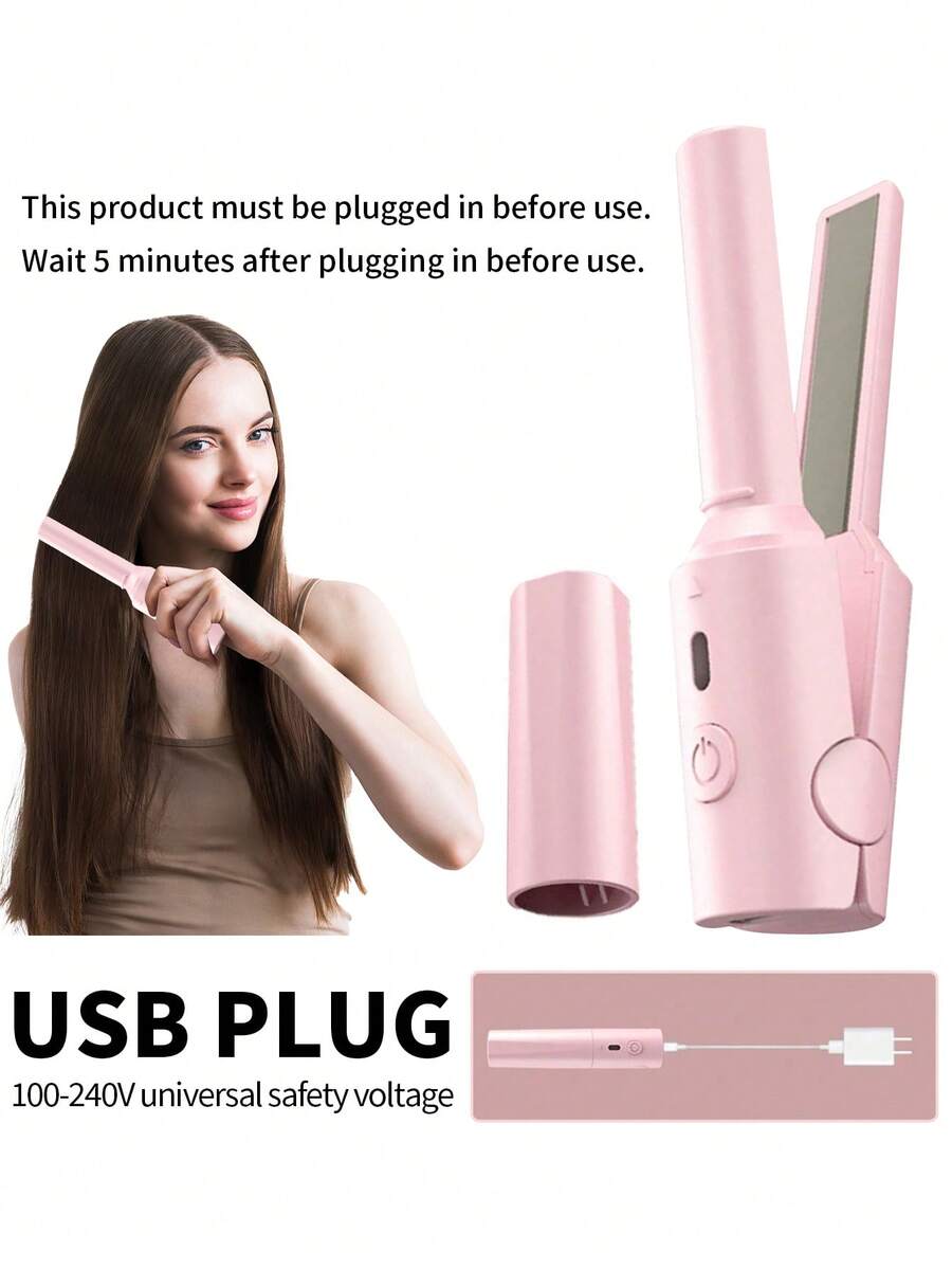 USB供電直髮夾 - 便攜旅行直髮夾,女士迷你熱直髮夾,陶瓷塗層,輕巧易造型,防燙 - 淺粉色 - 查看 1