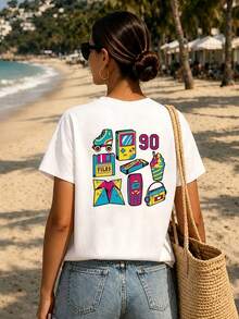 Women's Cotton T-Shirt With "90s Bubble Machine" Double-Sided Print, Crew Neck, Casual And Fashionable For Summer. - White - View 2