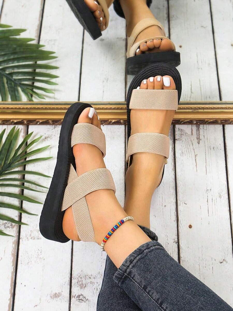 Minimalist Double-Strap Women's Sandals, Flat Black Slipper-Style Shoes, Women's Summer Sandals, Ladies' Shoes, Women's Outdoor Sandals, Mid-Heel Fashion, Black, Lightweight And Comfortable For The Beach And Summer Vacation - 卡其 - 查看 1